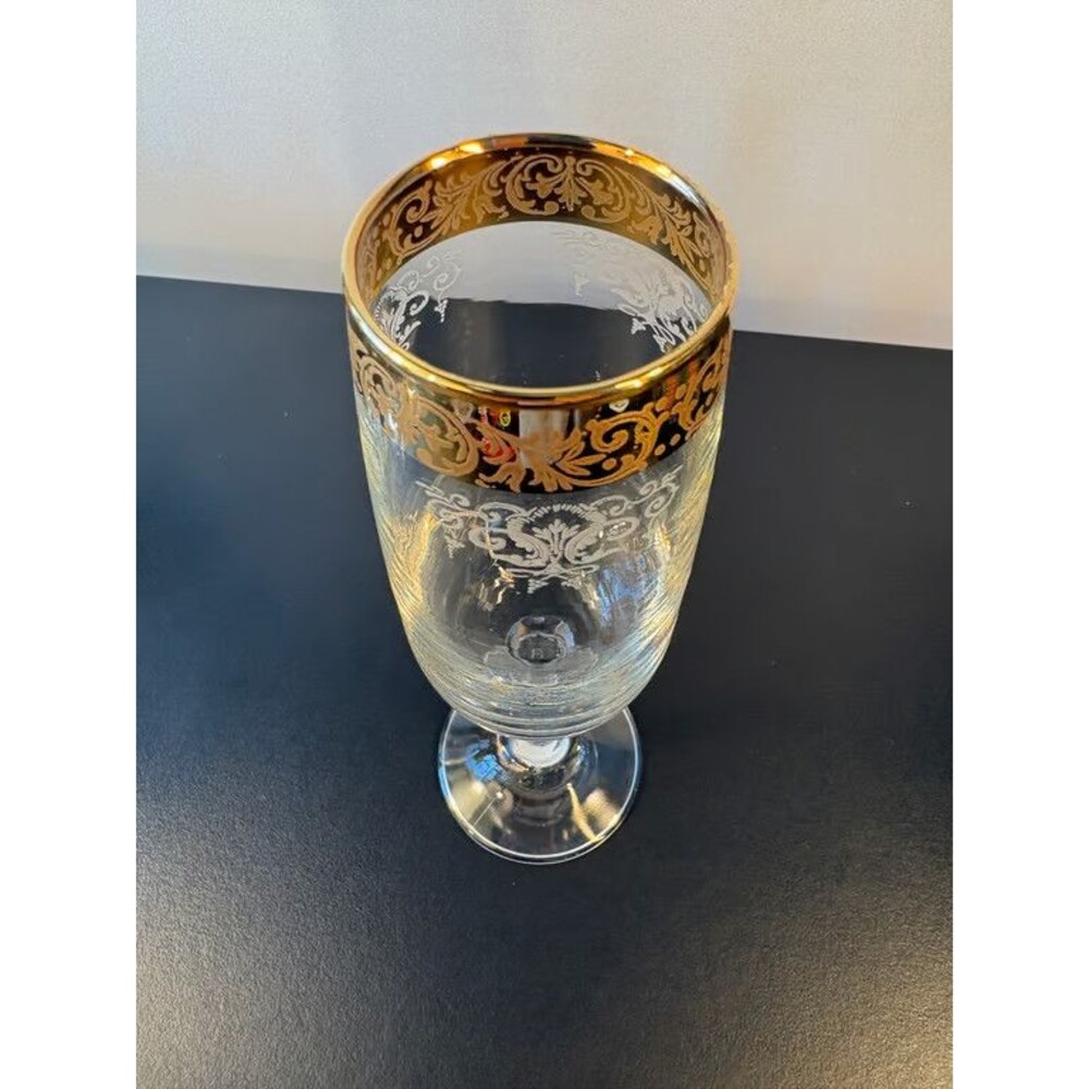 Set of 4 Gold Encrusted Band Wine Glasses Ornate Gilt Clear Stemware